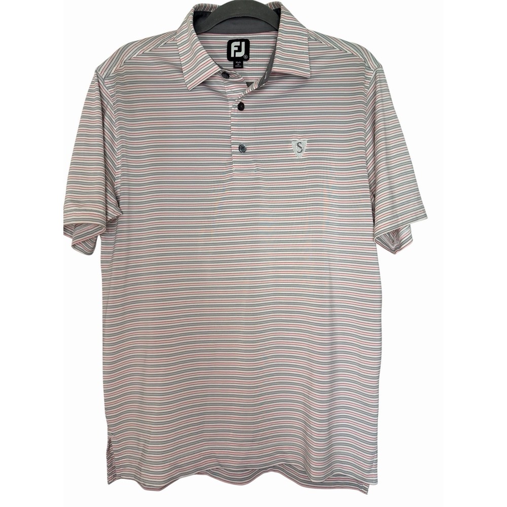 Footjoy Men's Small Pink White Gray Striped Short Sleeve Golf Polo Shirt